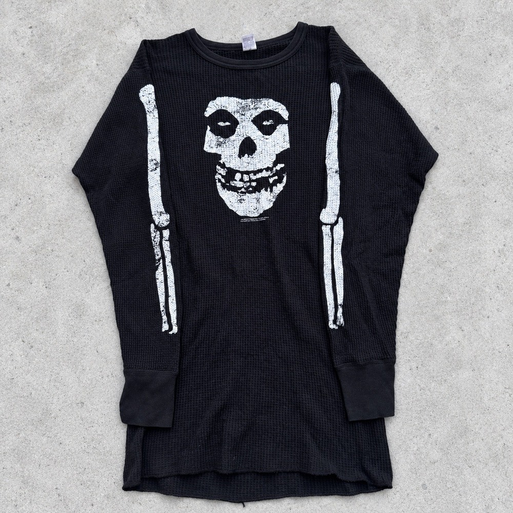 Vintage 2001 Misfits Fiend Skull Waffle Knit Thermal Shirt Black Mens Large